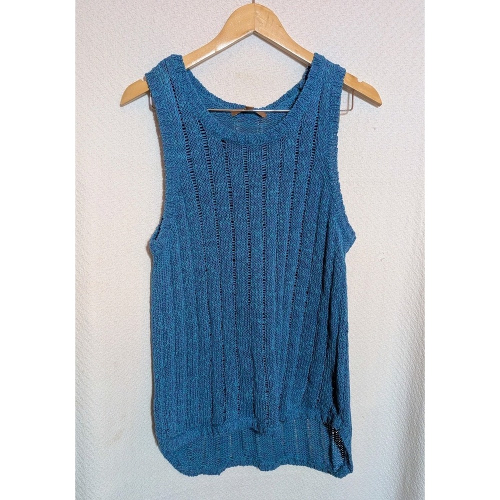 Ellen Tracy Blue Knit Sweater Vest Sleeveless Open Stitch Cable Ribbed Top Sz L